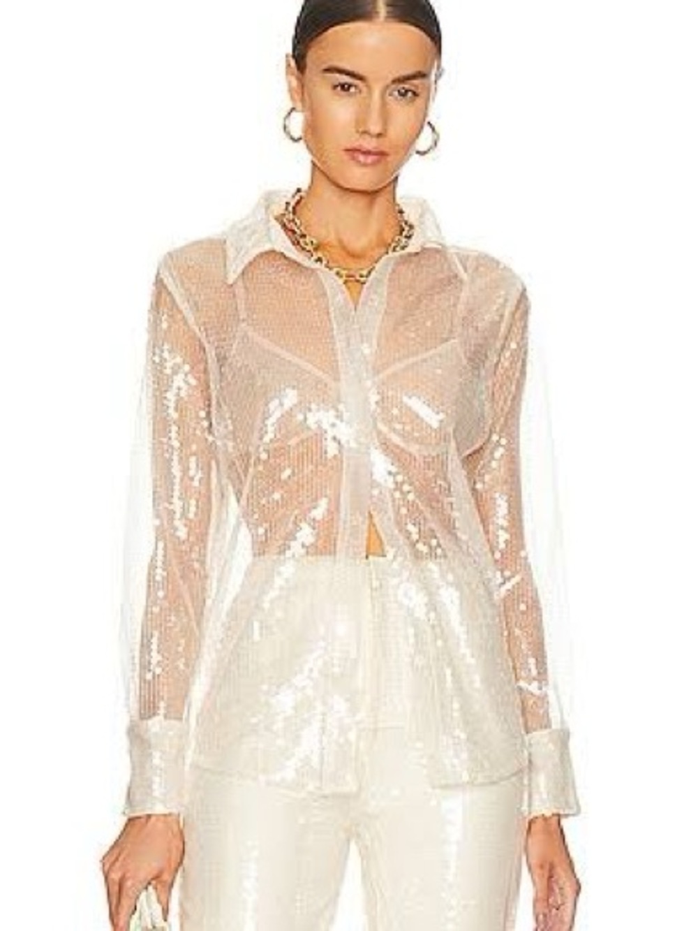 Sheer Sequin Button-Up Shirt - White / nude